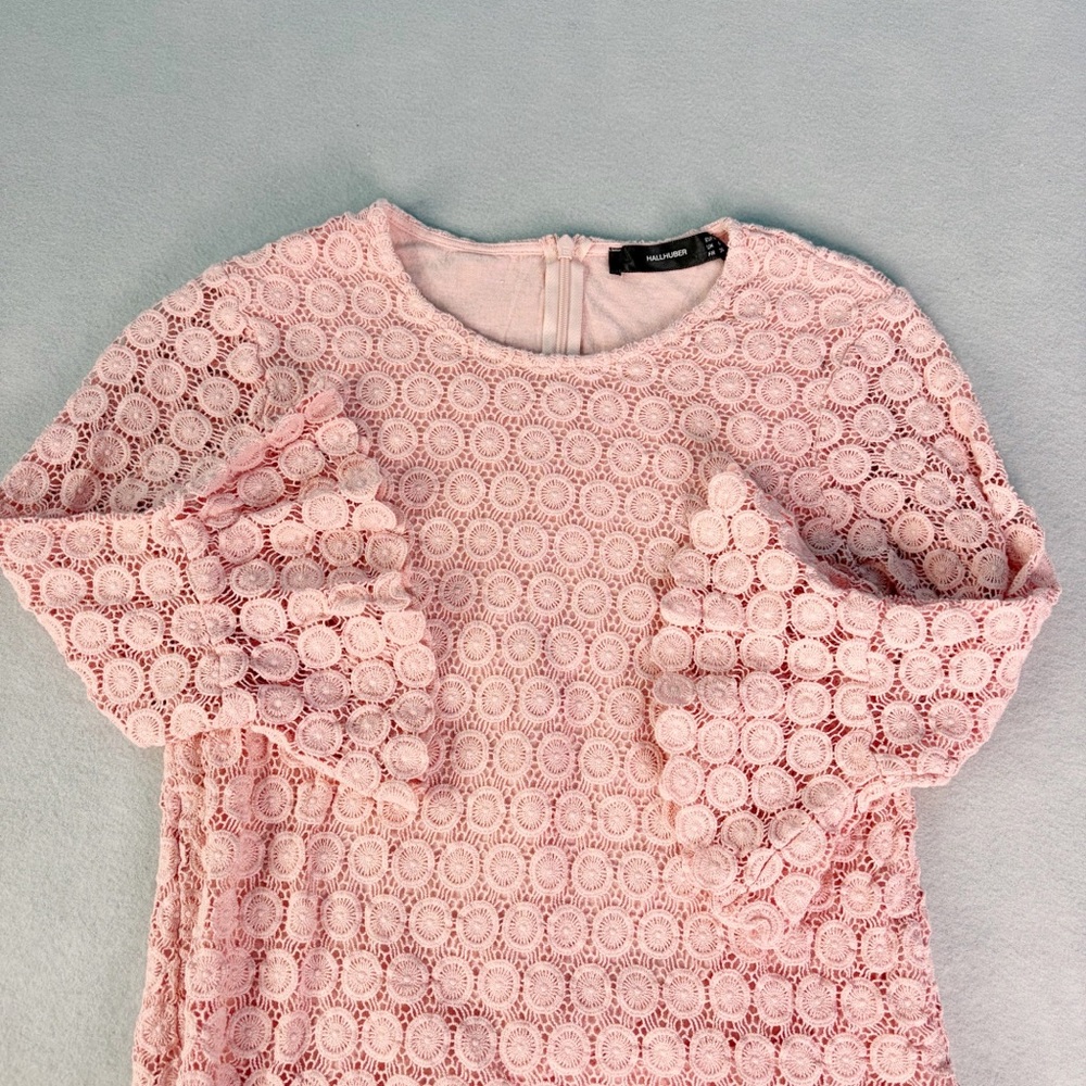 Hallhuber Women’s EU 34 US 2 Pink Lace Blouse 3/4 Ruffle Sleeve Romantic Whimsy